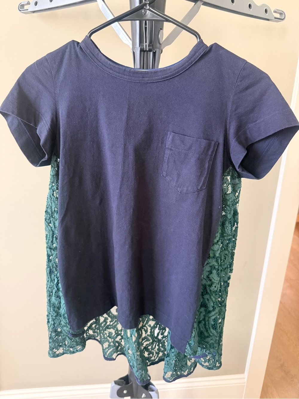 Sacai Navy Short Sleeve Tee with Green Lace Back Panel